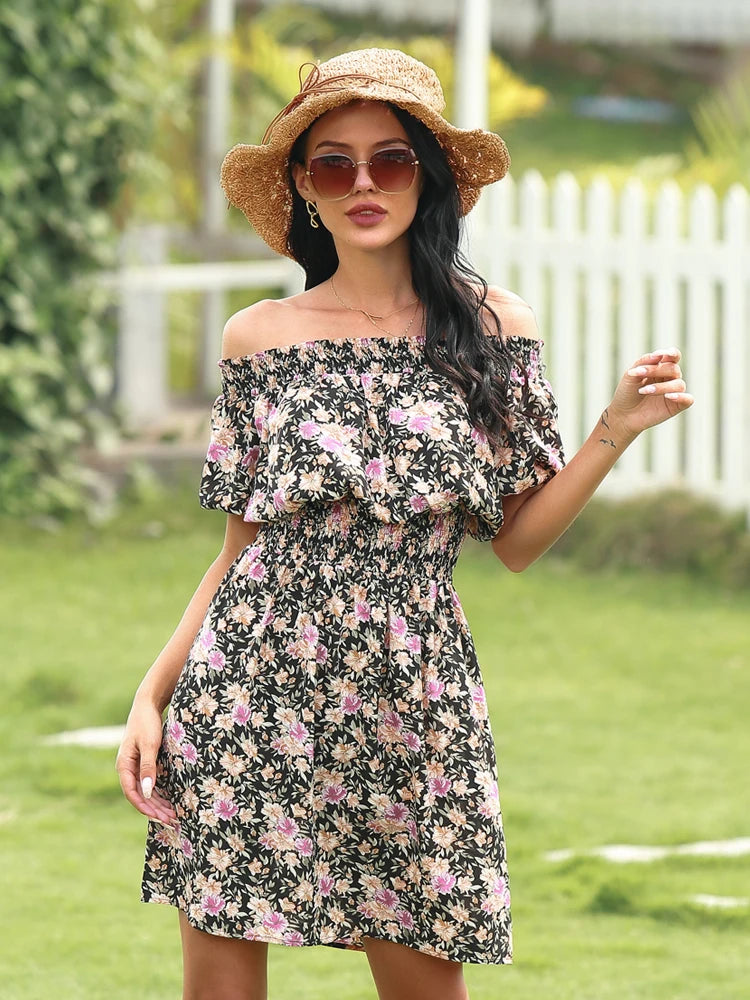 Sunbloom Cascade – Printed Off-Shoulder Midi Dress