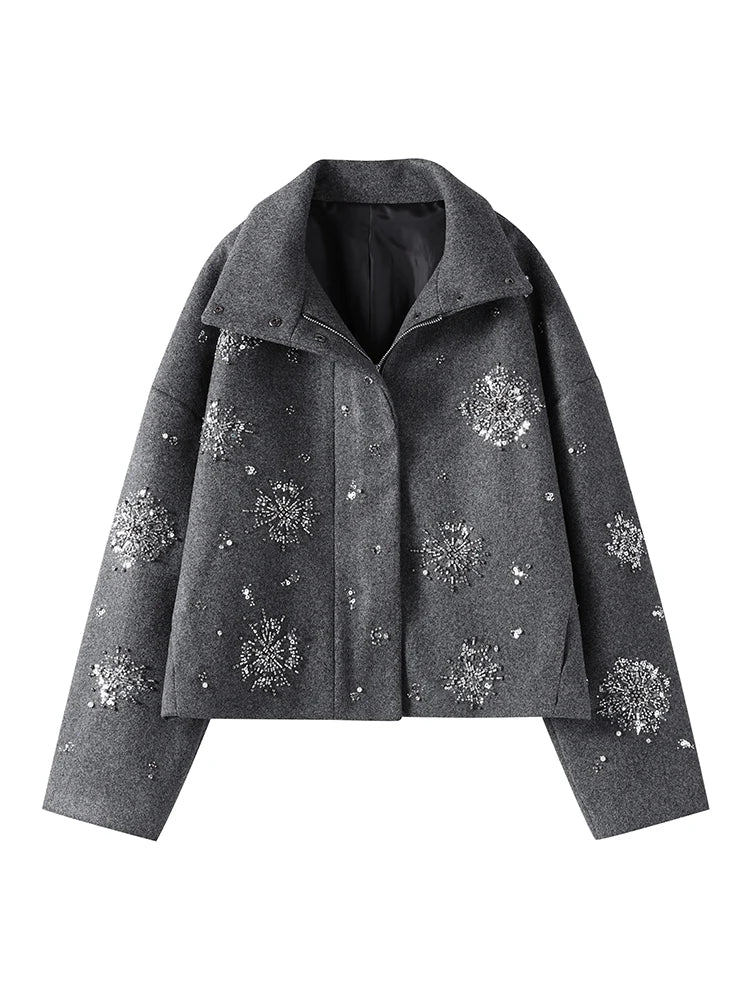 Women’s Woolen Coat – Floral Casual Winter Jacket