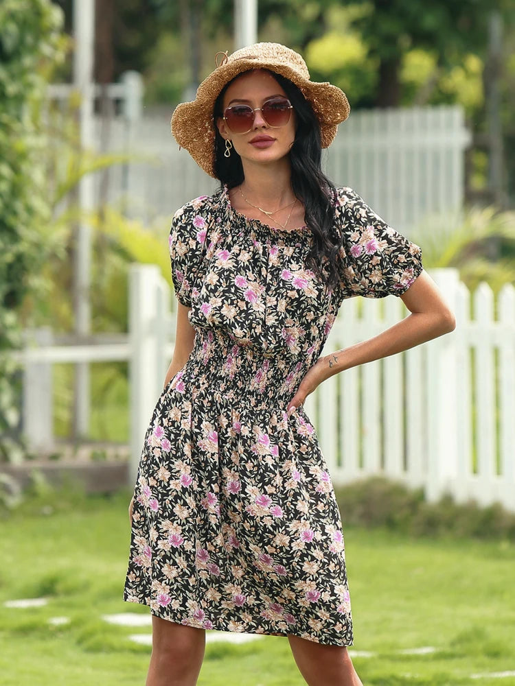 Sunbloom Cascade – Printed Off-Shoulder Midi Dress