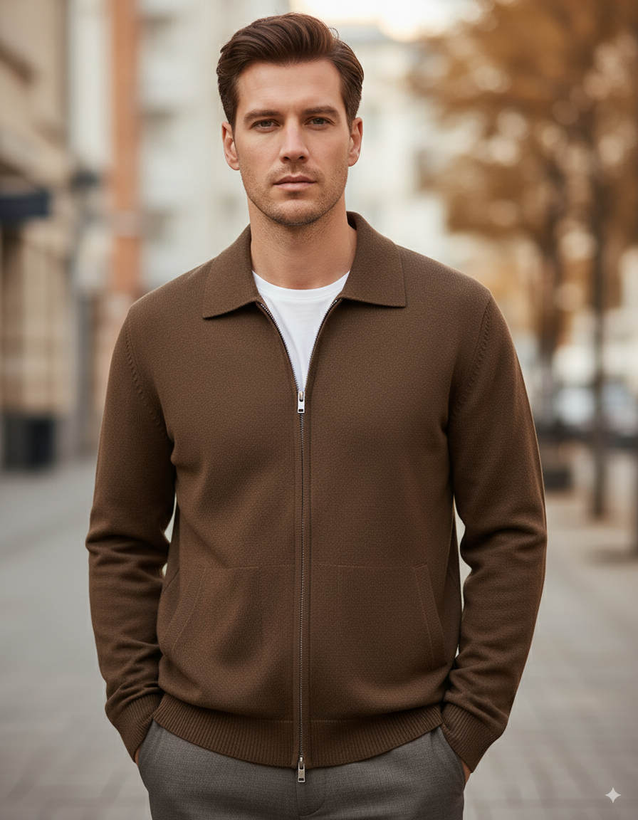 Men’s 100% Cashmere Cardigan – Zip-Up Knit Jacket for Autumn & Winter