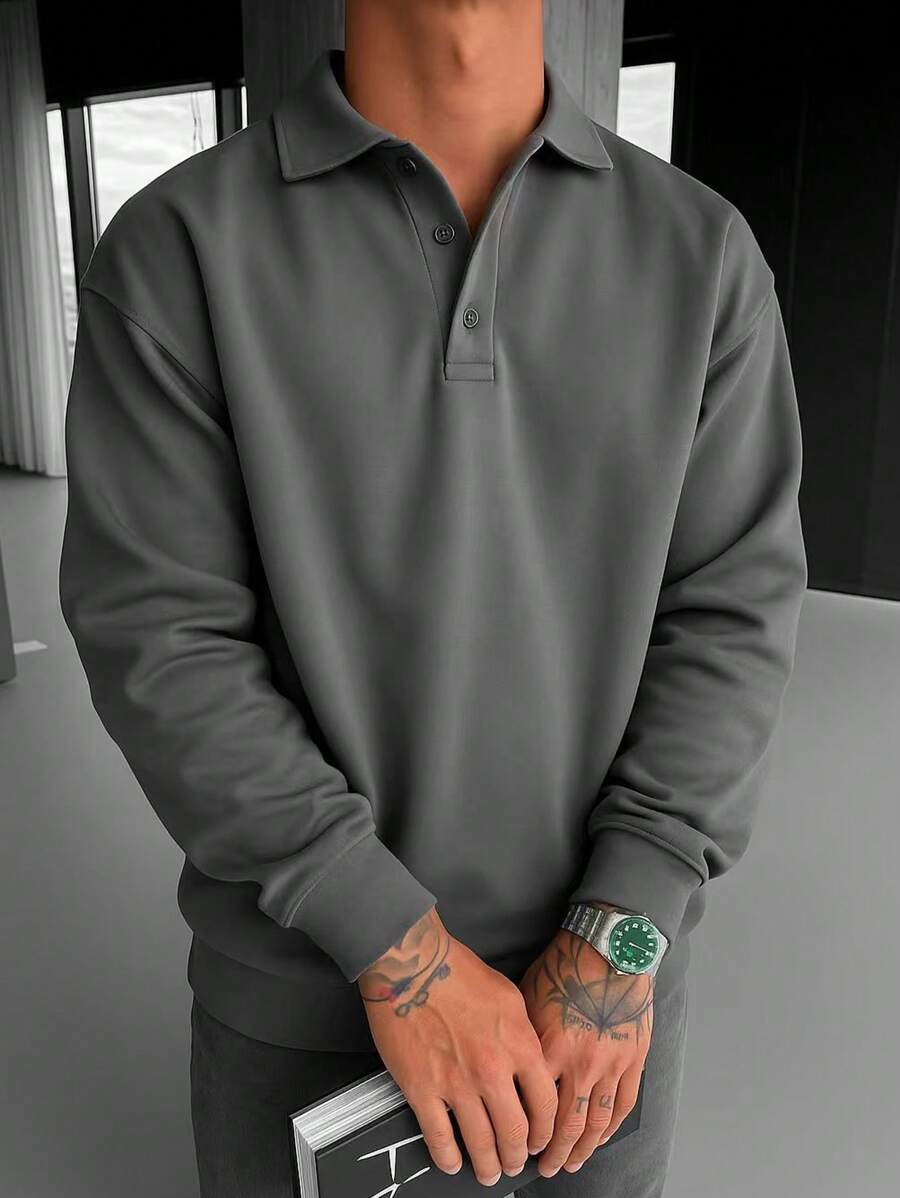 Men’s Polo Collar Shirt – Loose Fit Long Sleeve Business Casual Top