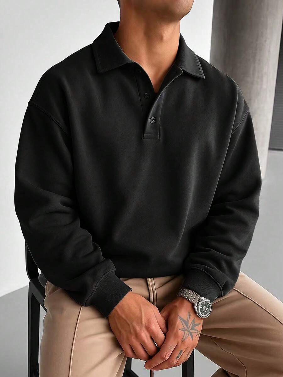 Men’s Polo Collar Shirt – Loose Fit Long Sleeve Business Casual Top
