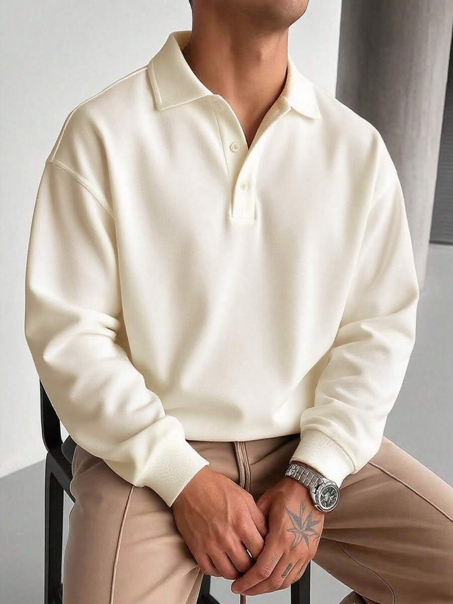 Men’s Polo Collar Shirt – Loose Fit Long Sleeve Business Casual Top