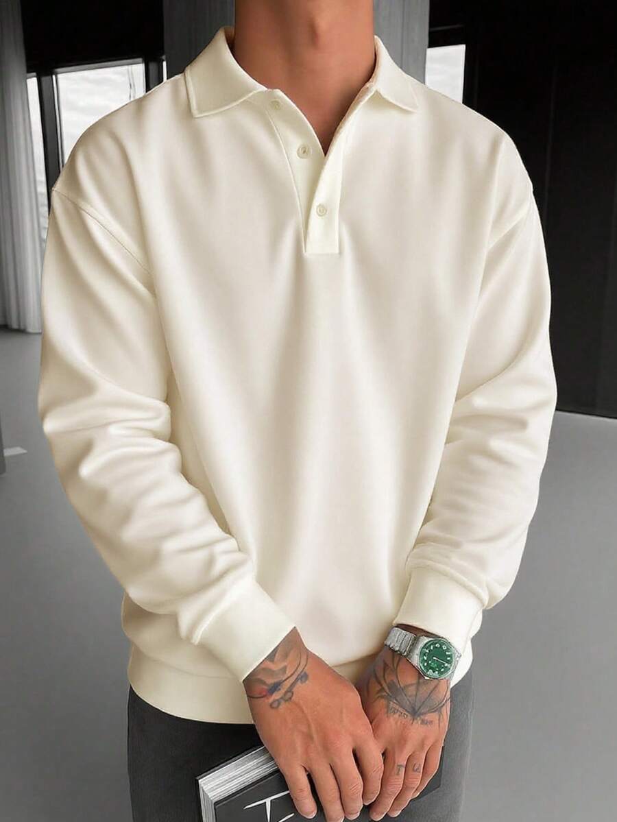 Men’s Polo Collar Shirt – Loose Fit Long Sleeve Business Casual Top