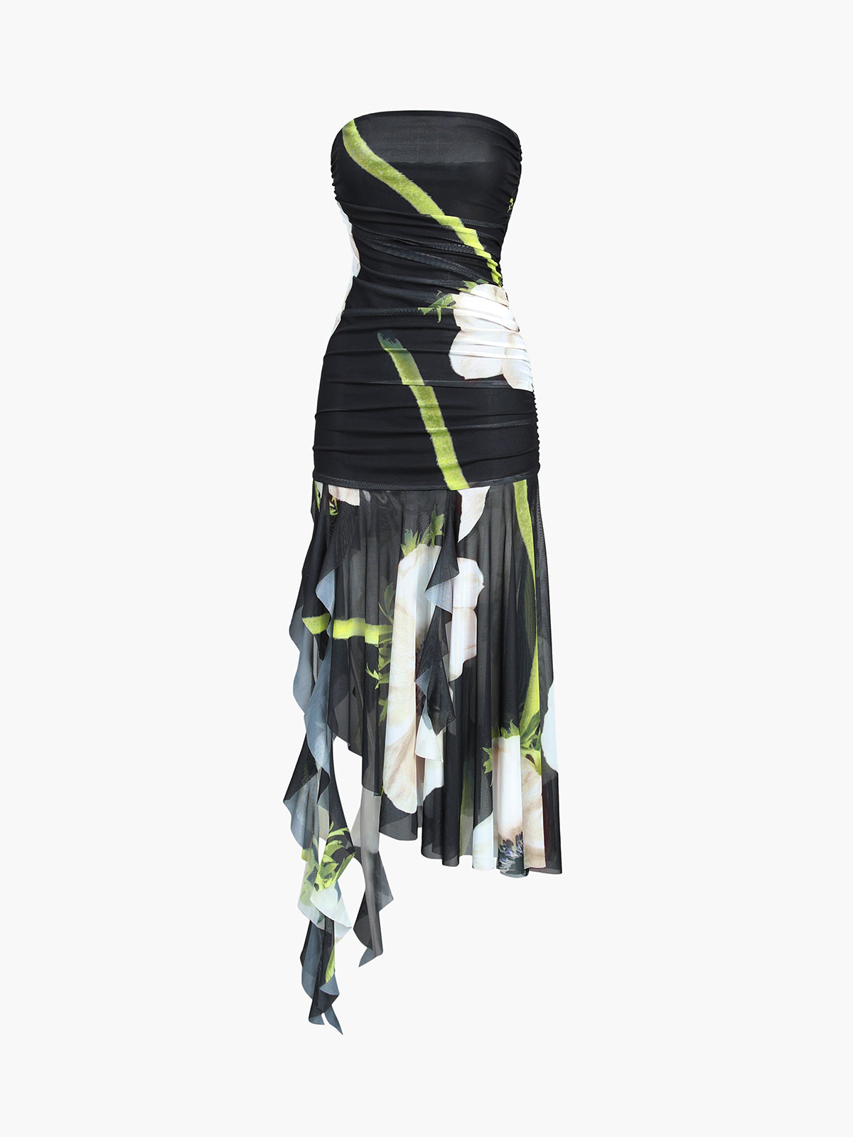 Gossamsilk – Gardenia – Midi-Rohrkleid aus geblümtem Netzstoff mit Falten 