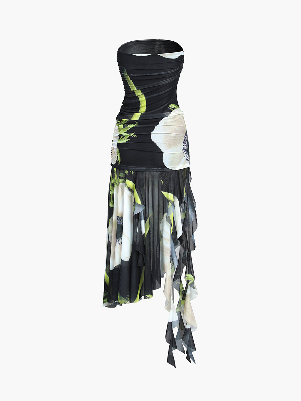 Gossamsilk – Gardenia – Midi-Rohrkleid aus geblümtem Netzstoff mit Falten 
