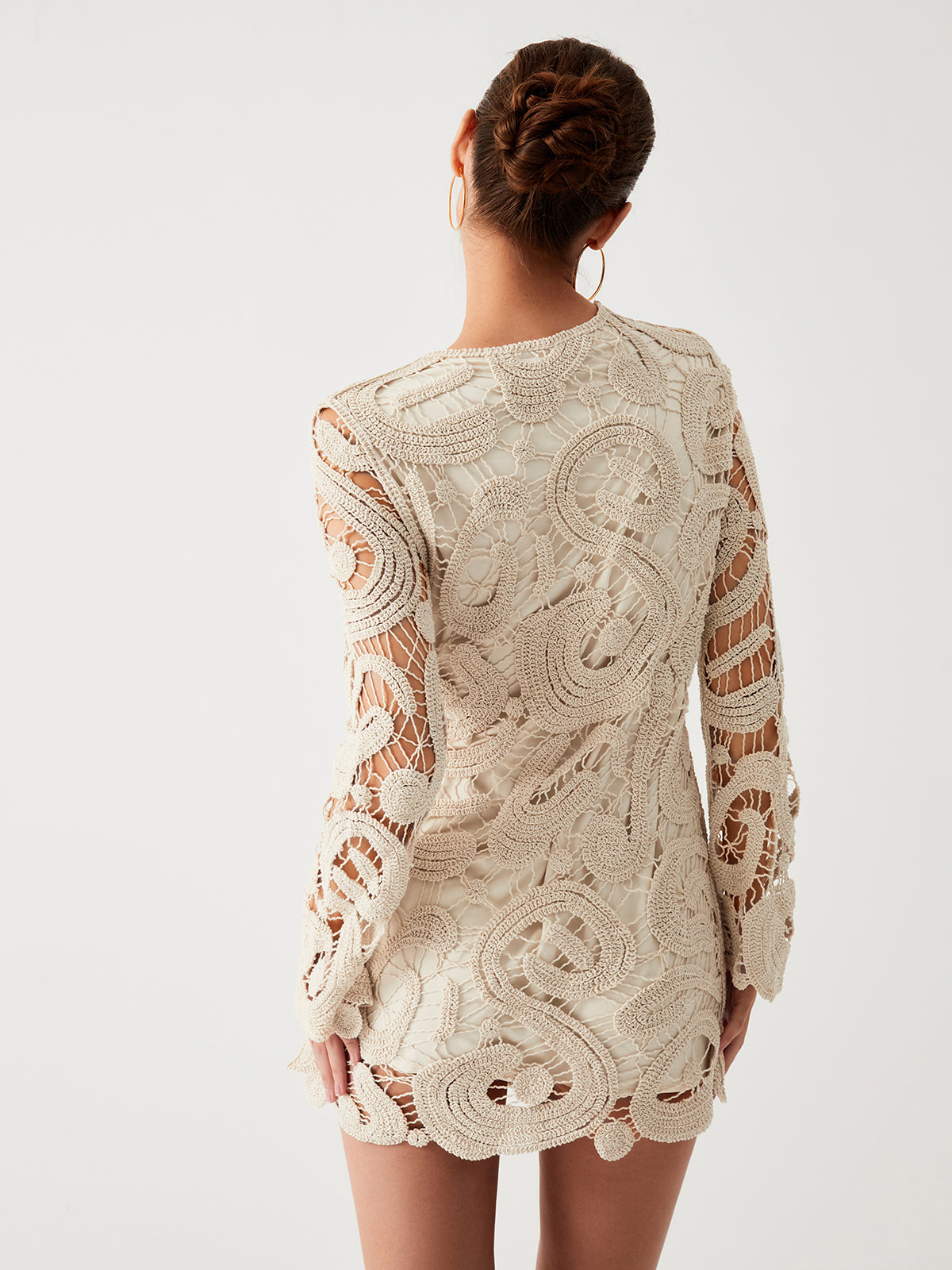 Mystique Häkelkleid mit Paisleymuster, langärmlig, kurzes Kleid 