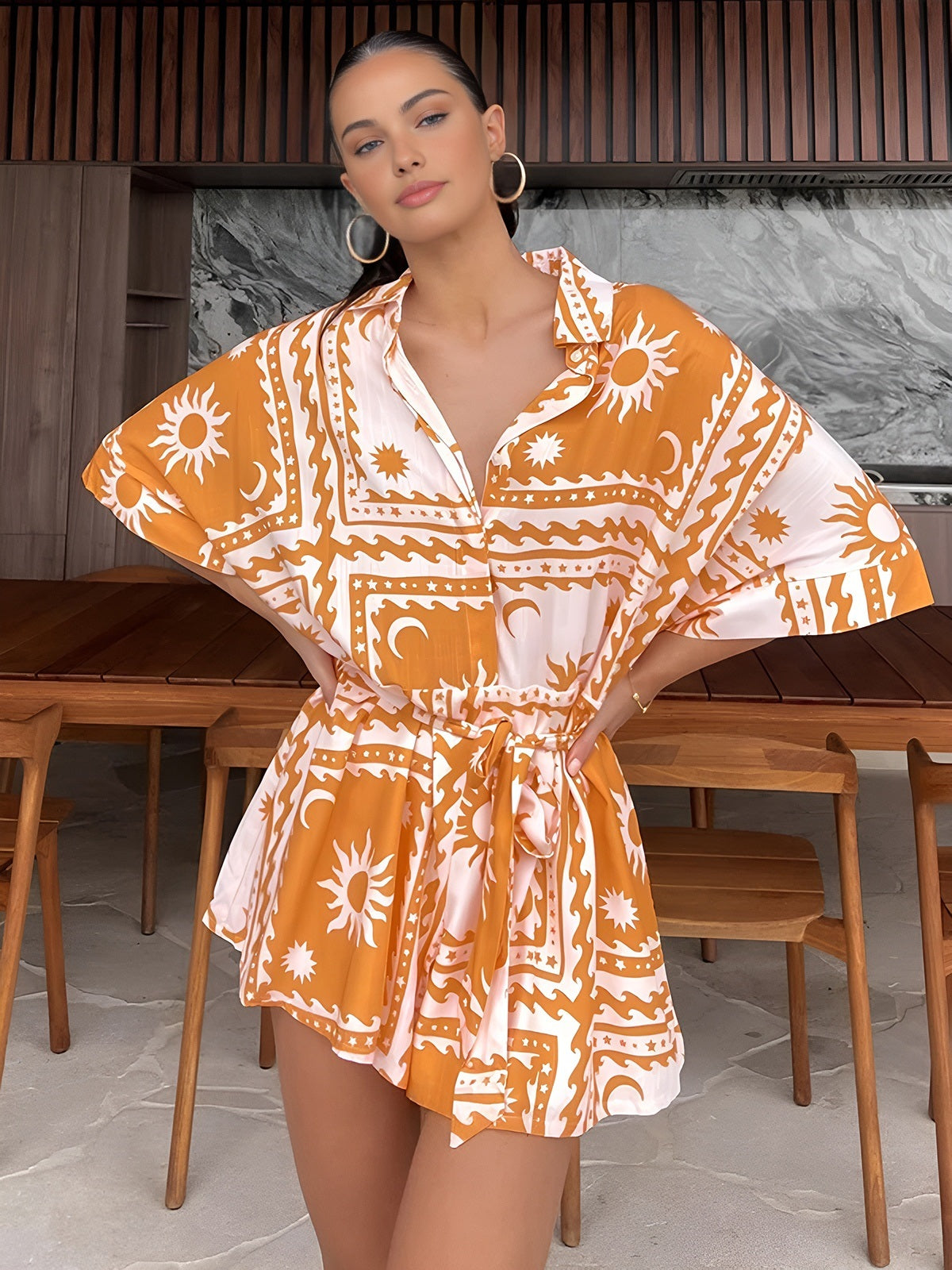 Miraclespun Boho Sol &amp; Måne Mönster Kort Jumpsuit 