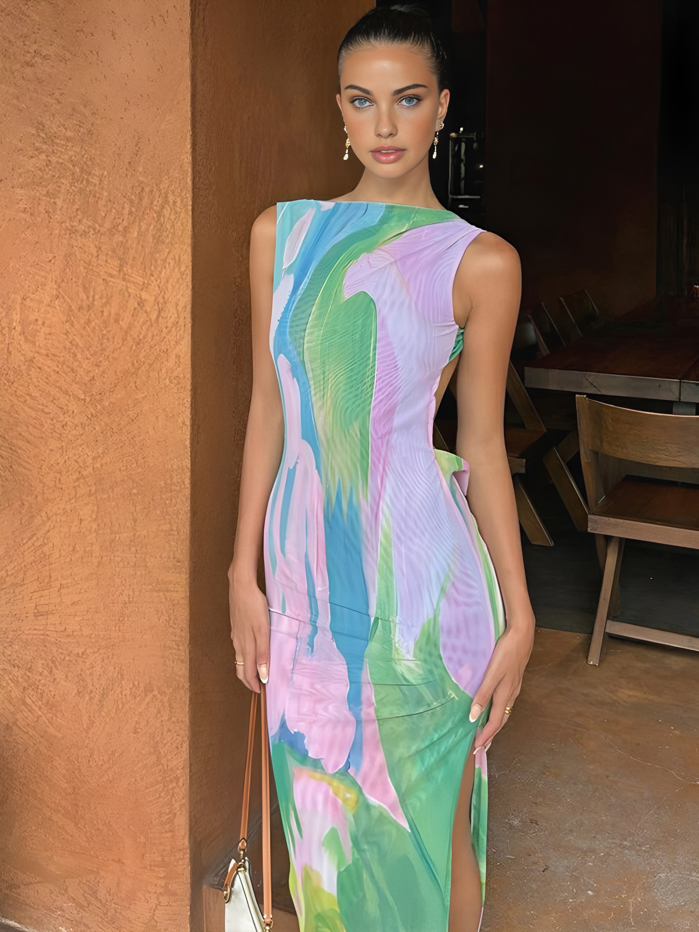Ärmelloses langes Kleid mit Oleva-Monet-Garten-Print