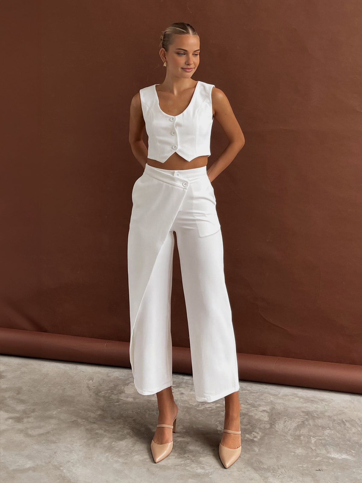 Norene Enfärgade Asymmetriska Raka Byxor Set 
