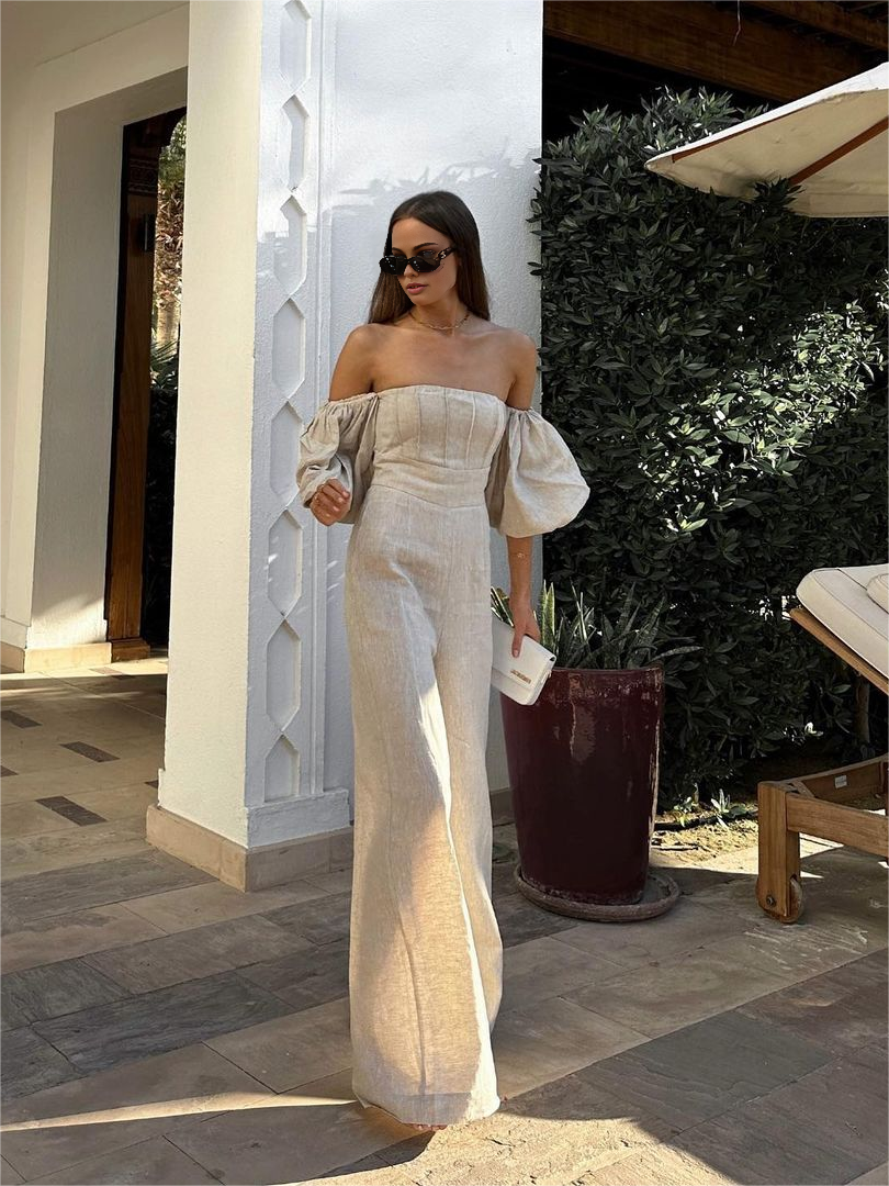 Nirel Jumpsuit i linneblandning med puffärmar 
