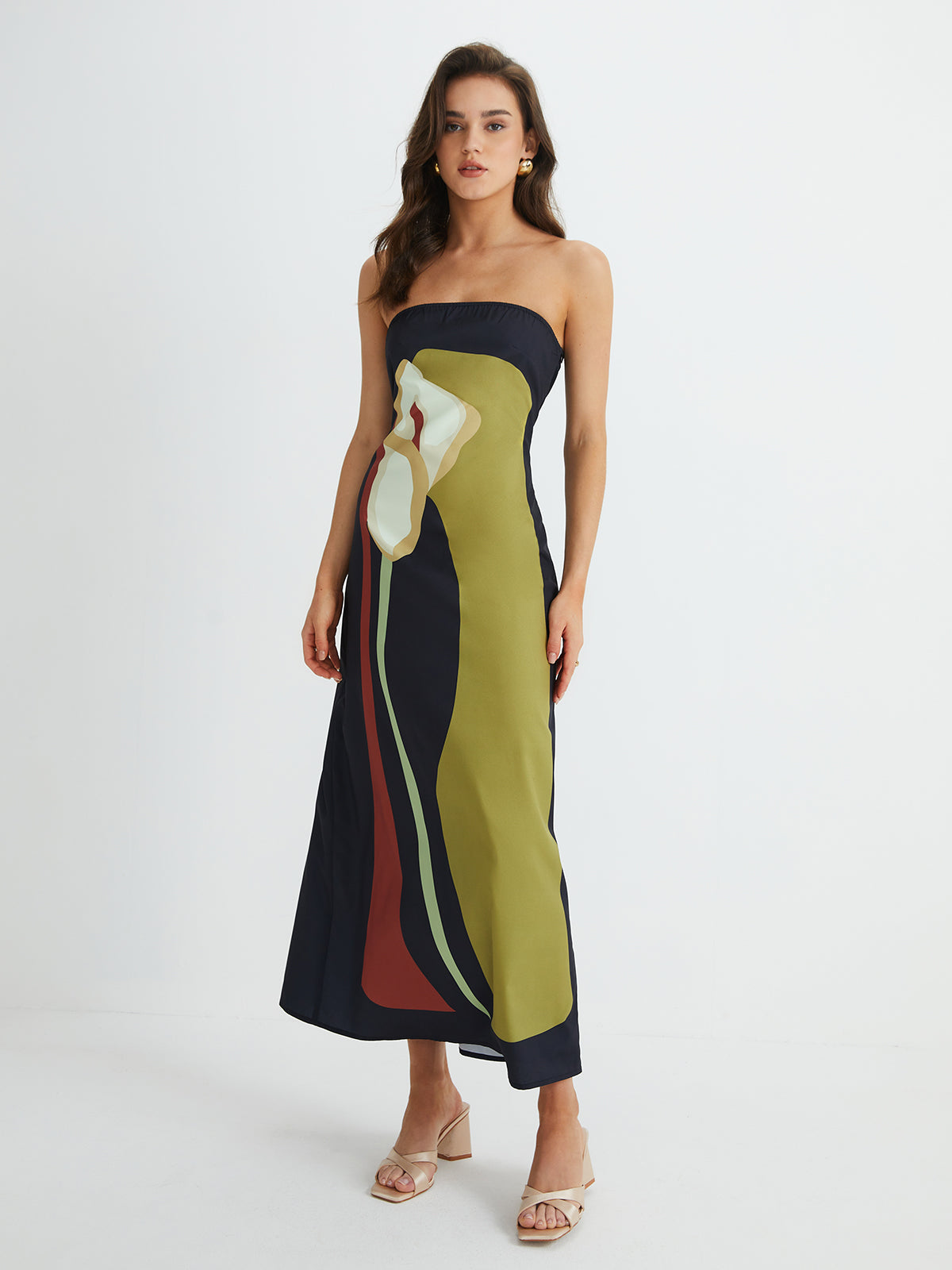 Minea – Langes, geschlitztes Schlauchkleid mit großem Blumendruck 