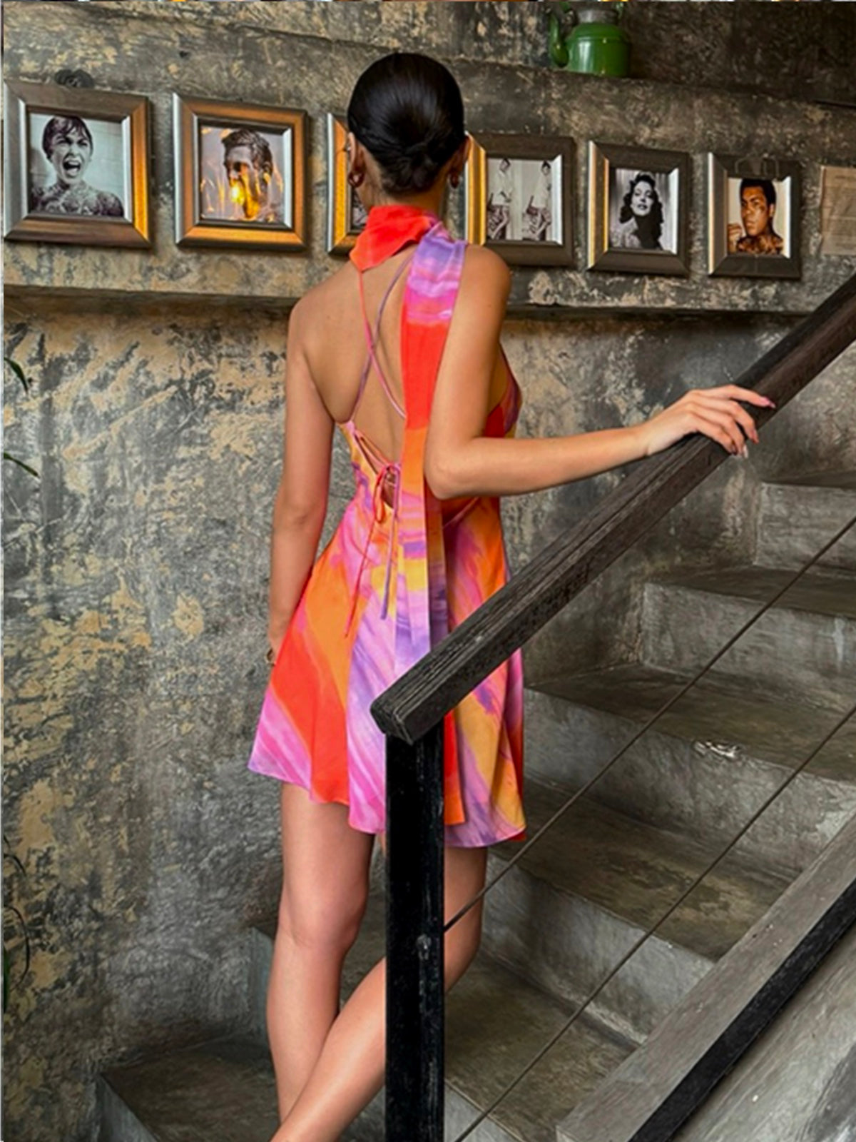 Sorane Haltered Backless Tie Dye Kort Klänning 