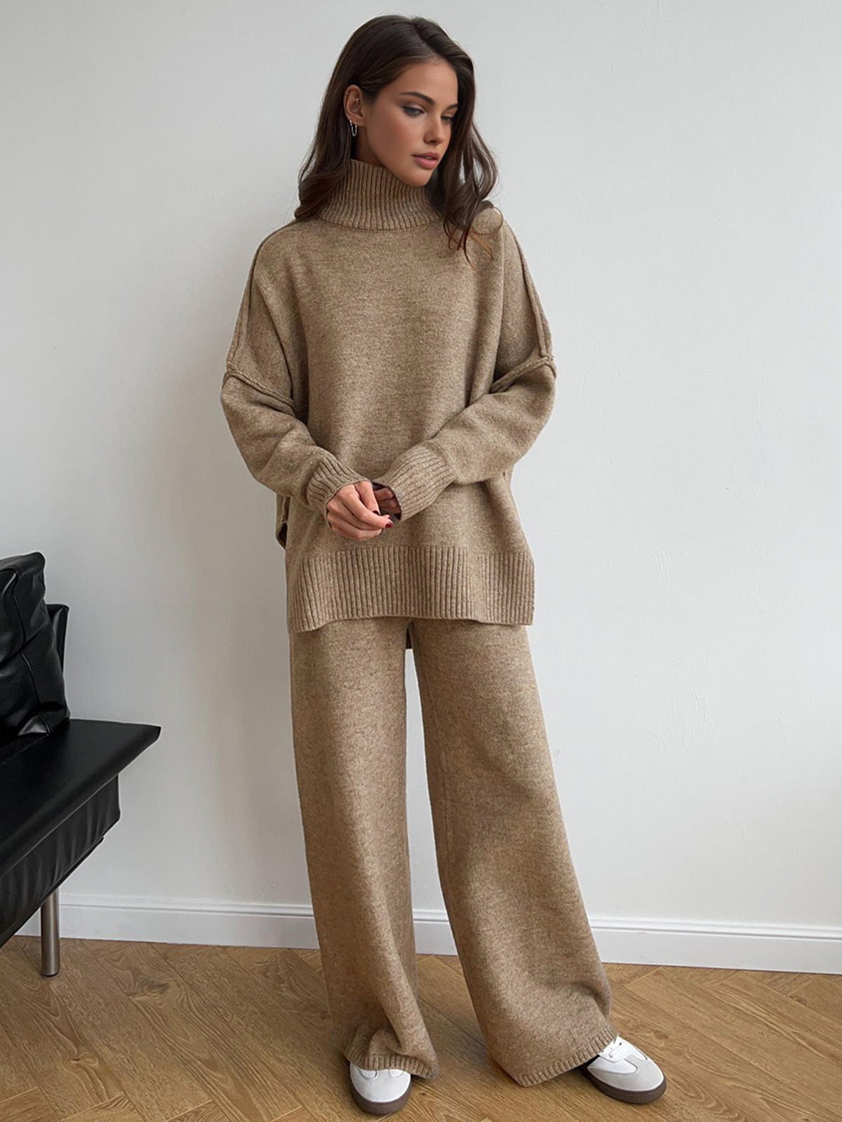Women’s Knit Pants Set – Plain Turtleneck Sweater & Trousers