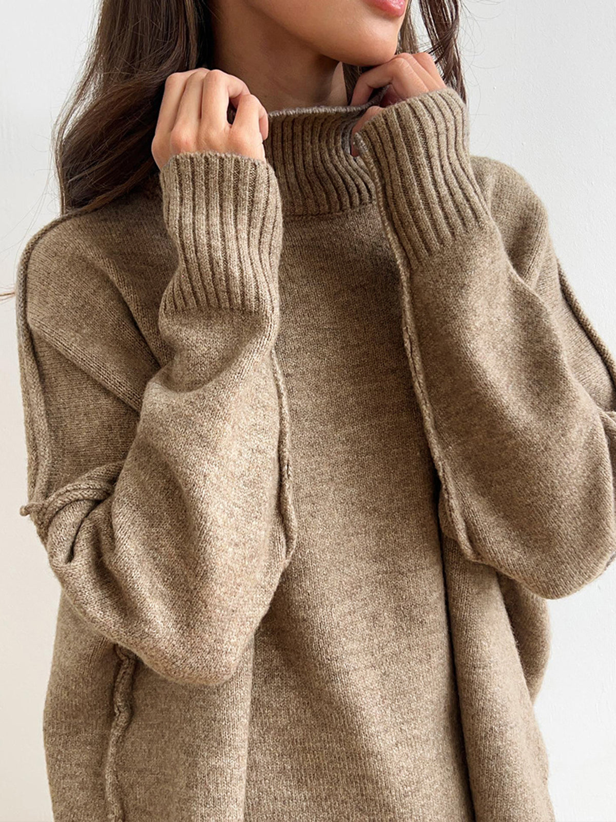 Women’s Knit Pants Set – Plain Turtleneck Sweater & Trousers