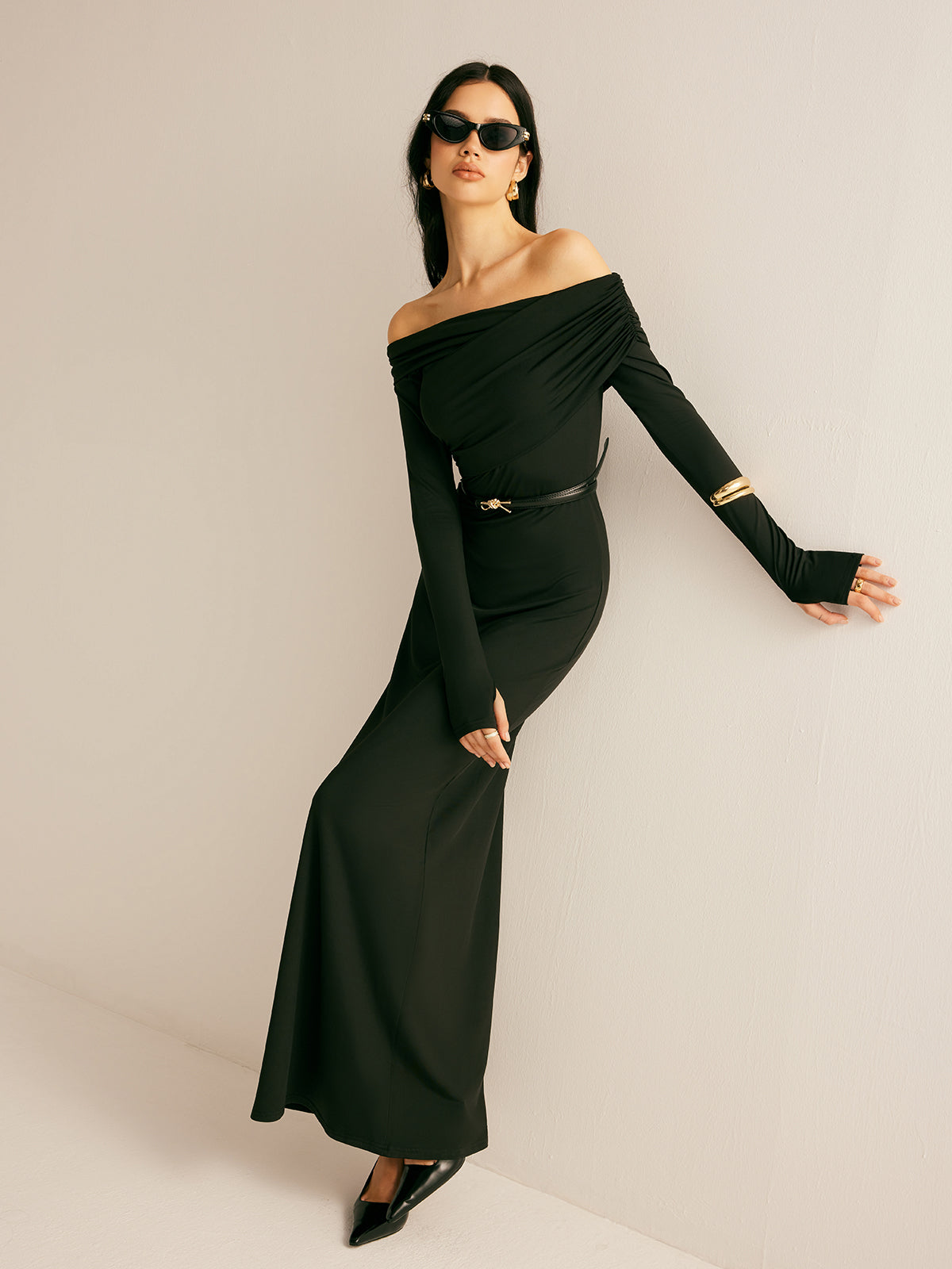 Luminsilk Modal Off-Shoulder-Rüschenkleid ohne Gürtel 