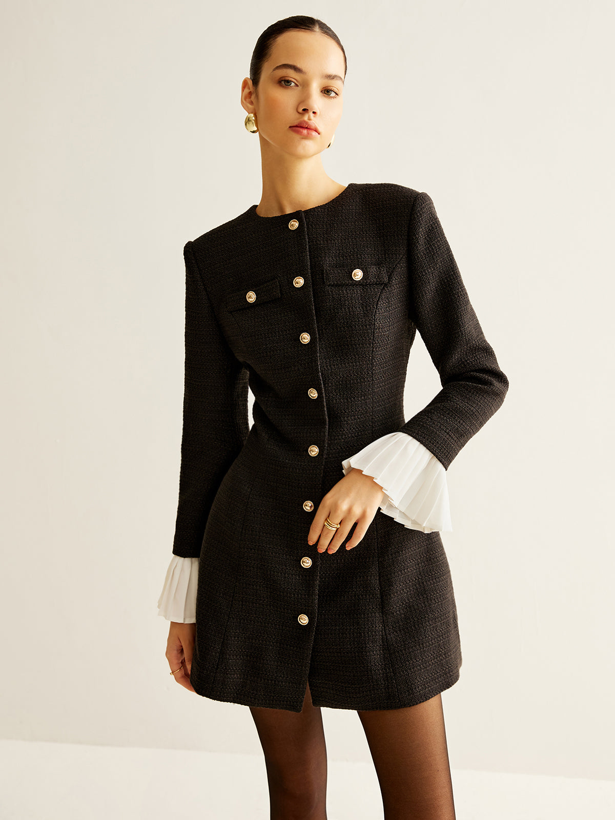 Mystspun Tweedkleid mit Plissee-Manschetten und Brustbesatz