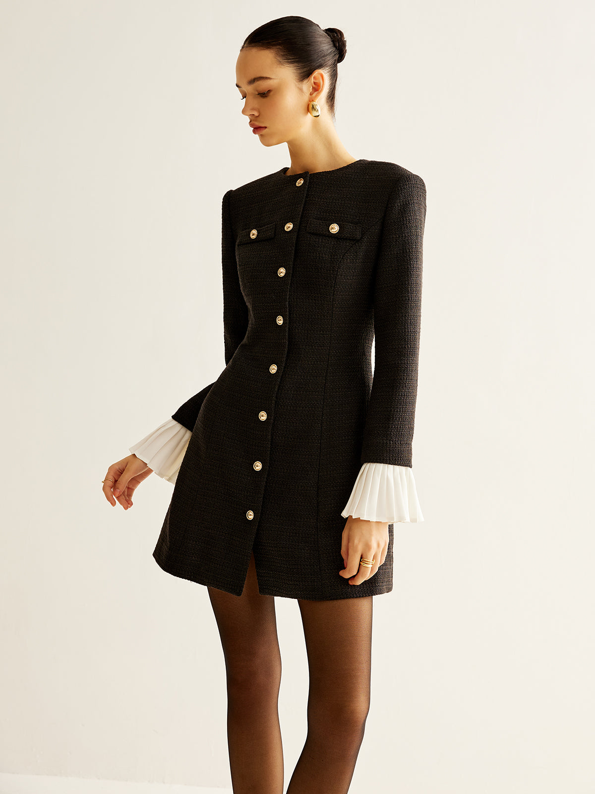 Mystspun Tweedkleid mit Plissee-Manschetten und Brustbesatz