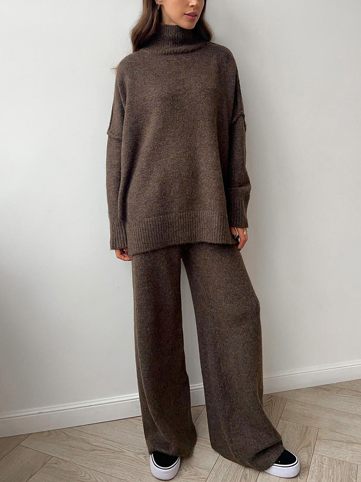Women’s Knit Pants Set – Plain Turtleneck Sweater & Trousers