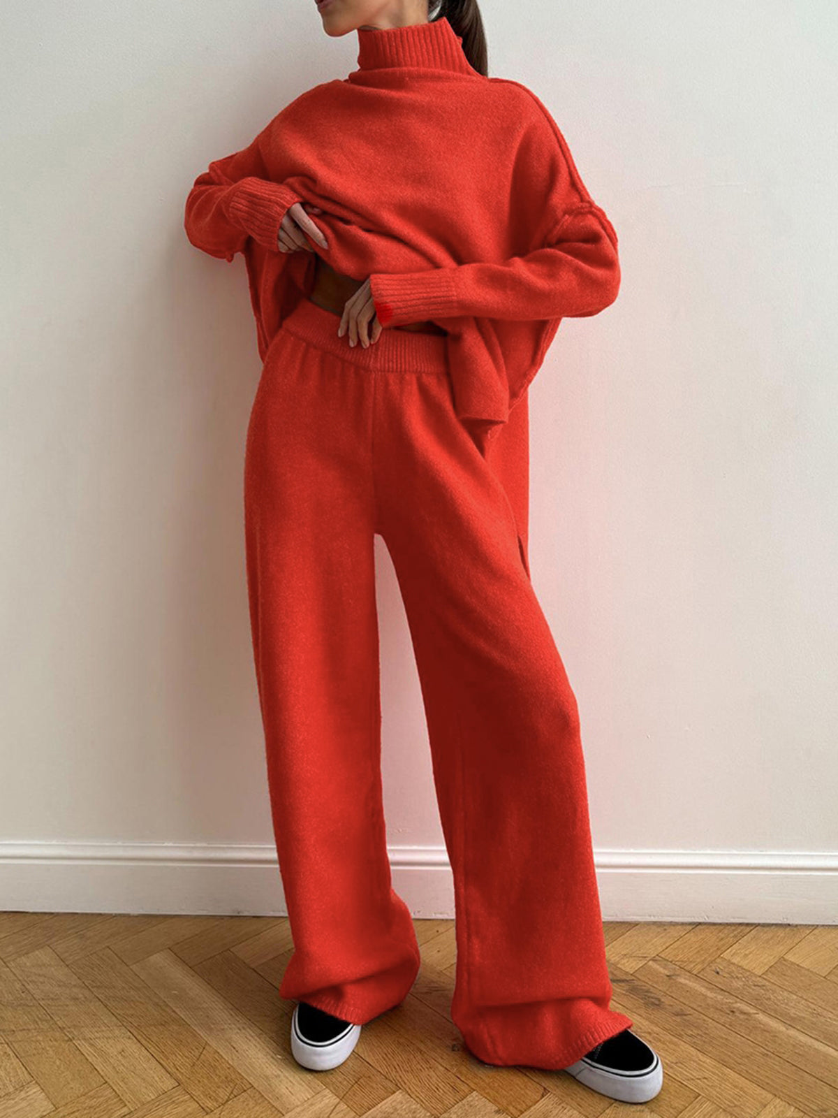 Women’s Knit Pants Set – Plain Turtleneck Sweater & Trousers