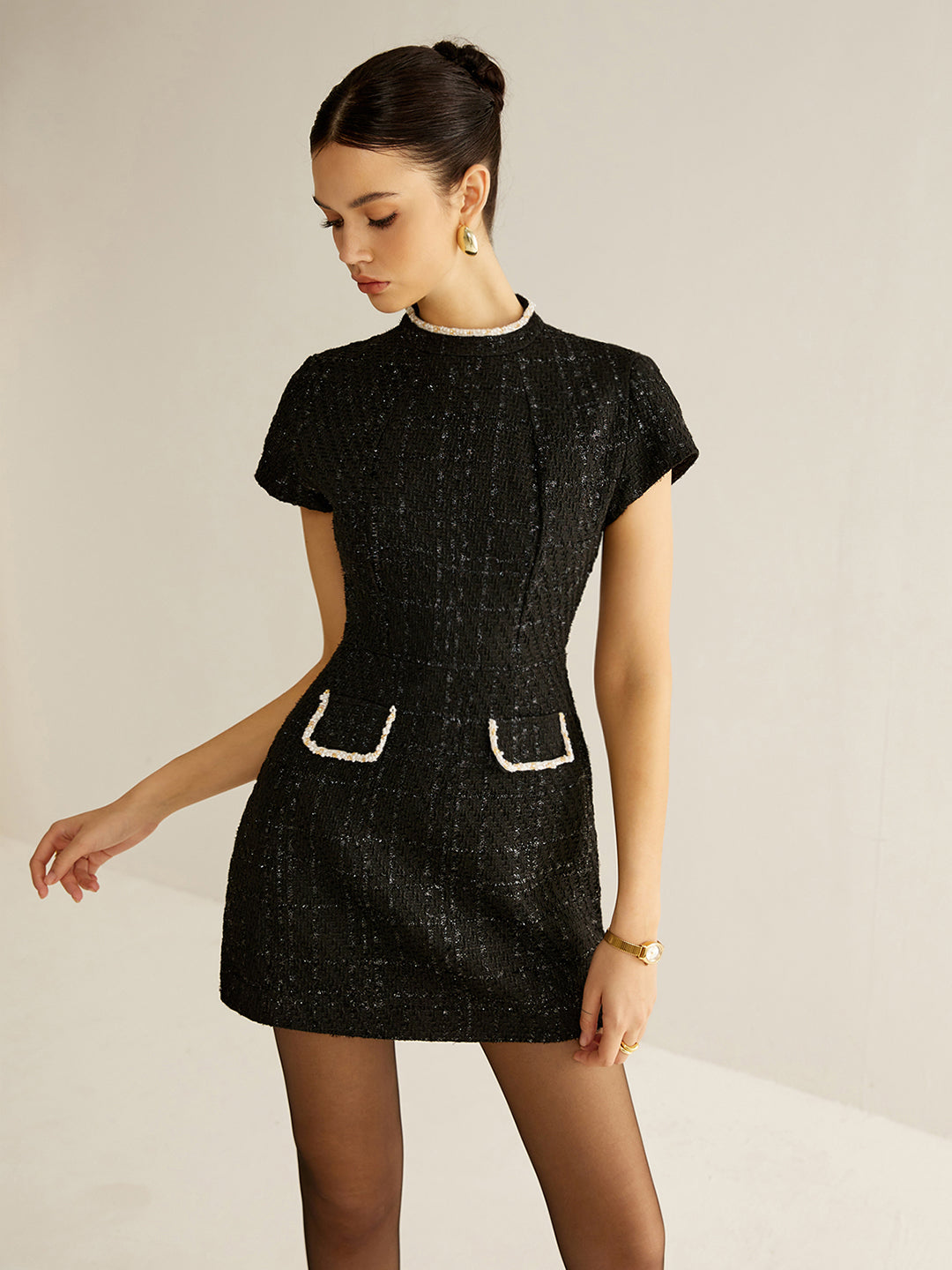 Hiap Elegantes Kurzarm-Tweedkleid 