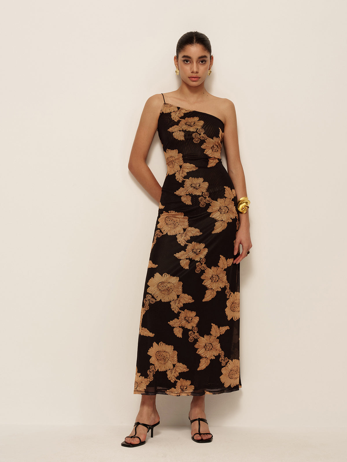 Reverglow – Asymmetrisches, bedrucktes Kleid mit kalter Schulter 