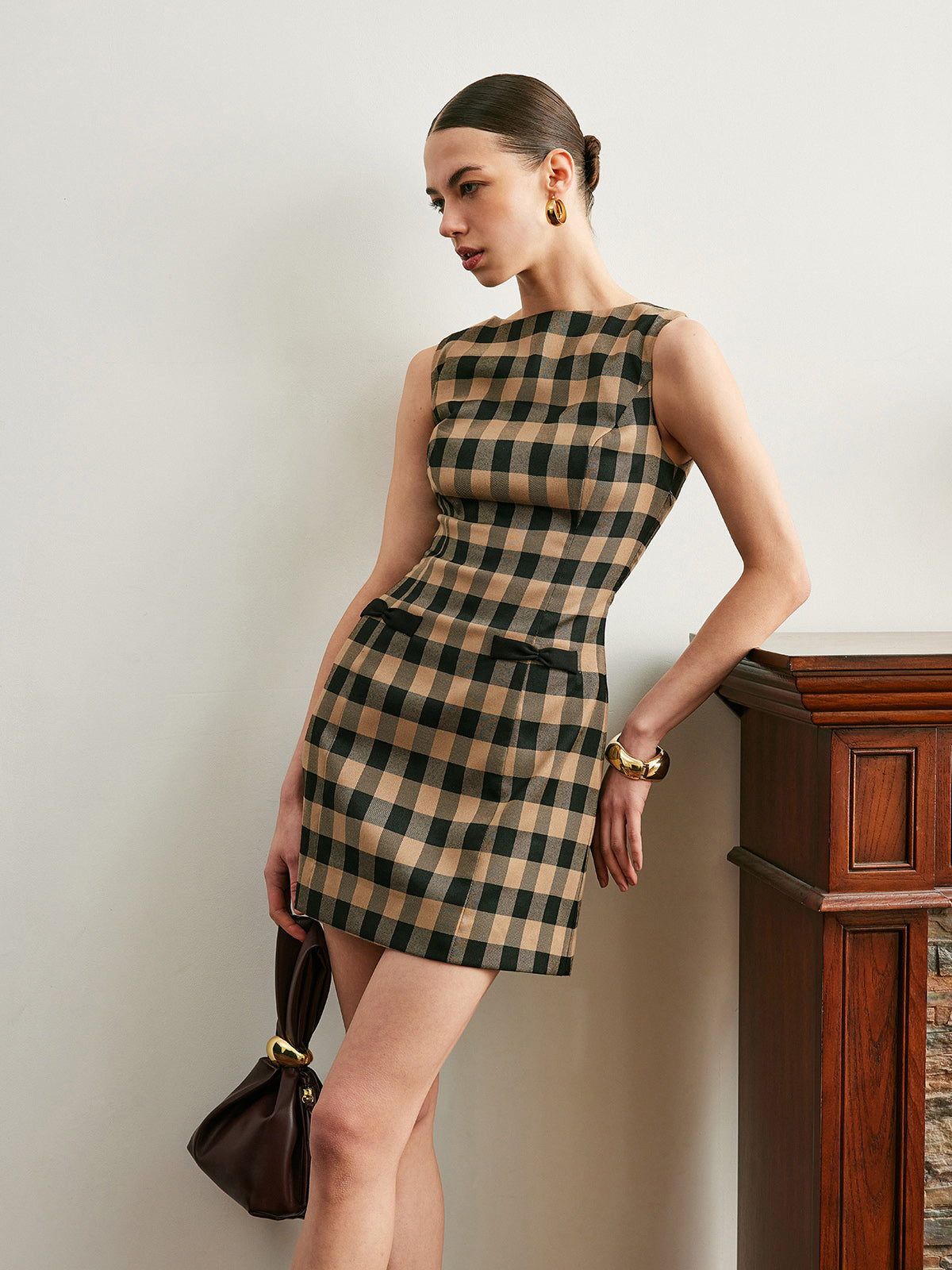 Gossamspun Vintage Kariertes ärmelloses Kleid mit Schleife 