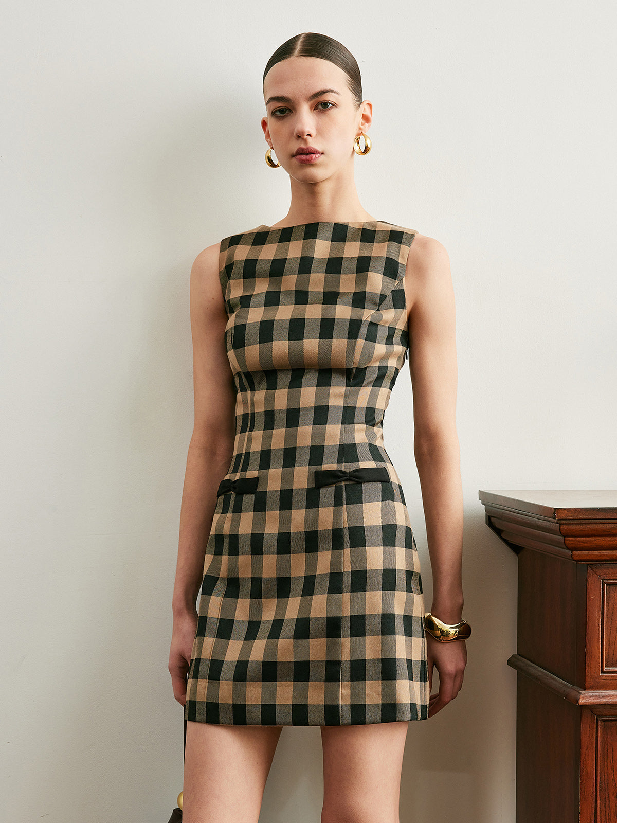 Gossamspun Vintage Kariertes ärmelloses Kleid mit Schleife 