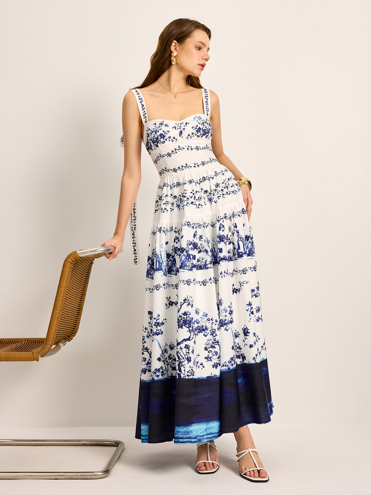 Solar Floral Print Tie-Strap Tiered Dress