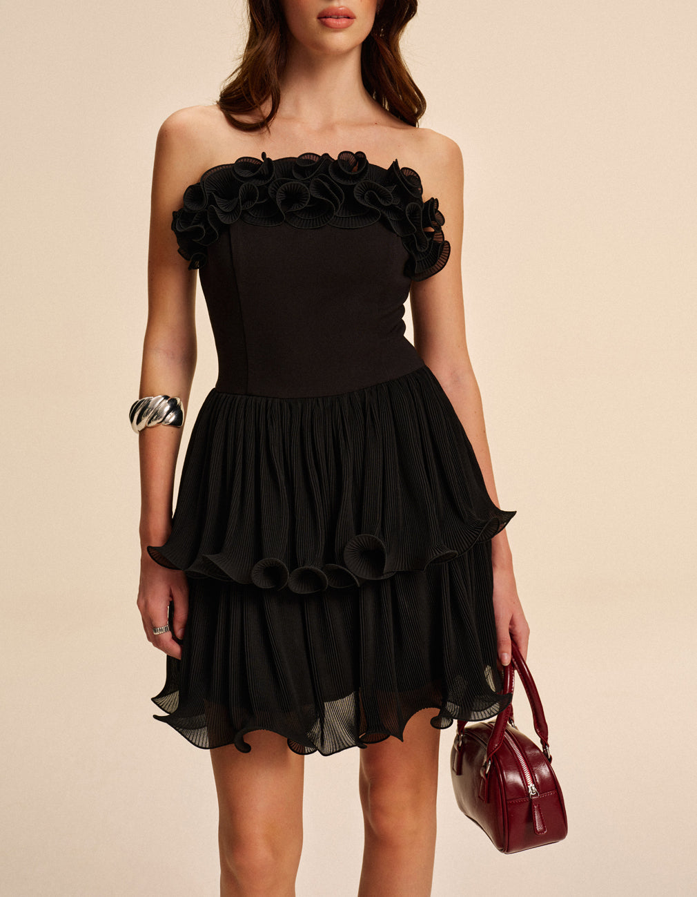 Trägerloses Kleid „Moonwind“ mit Rüschen und Blumenmuster 