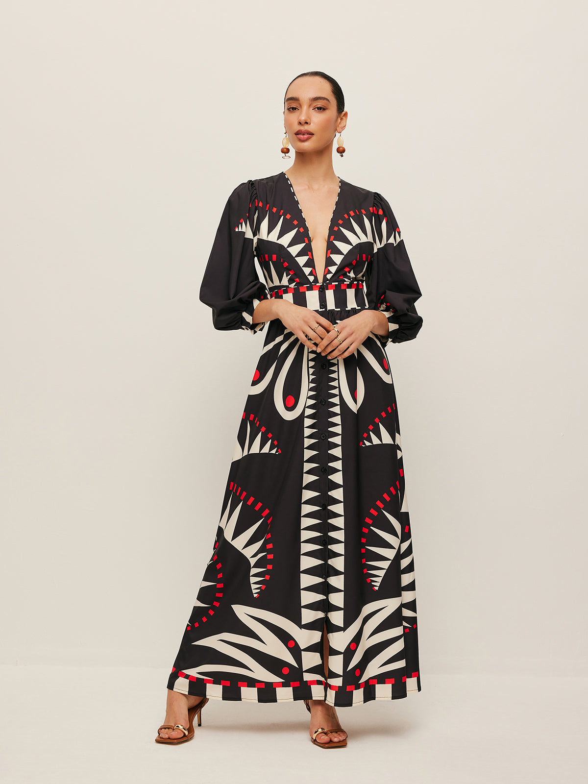 Zileth Boho Print V-Neck Split Klänning 