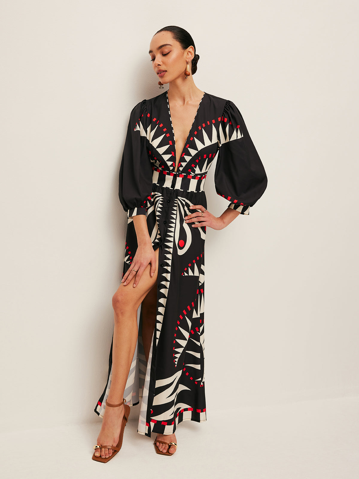 Zileth Boho Print V-Neck Split Klänning 