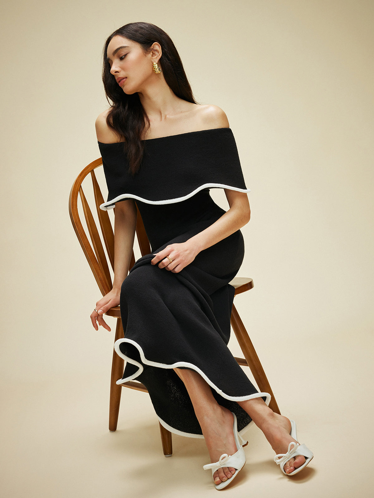 Dream Color Block Off-Shoulder Ruffled Knit Dress