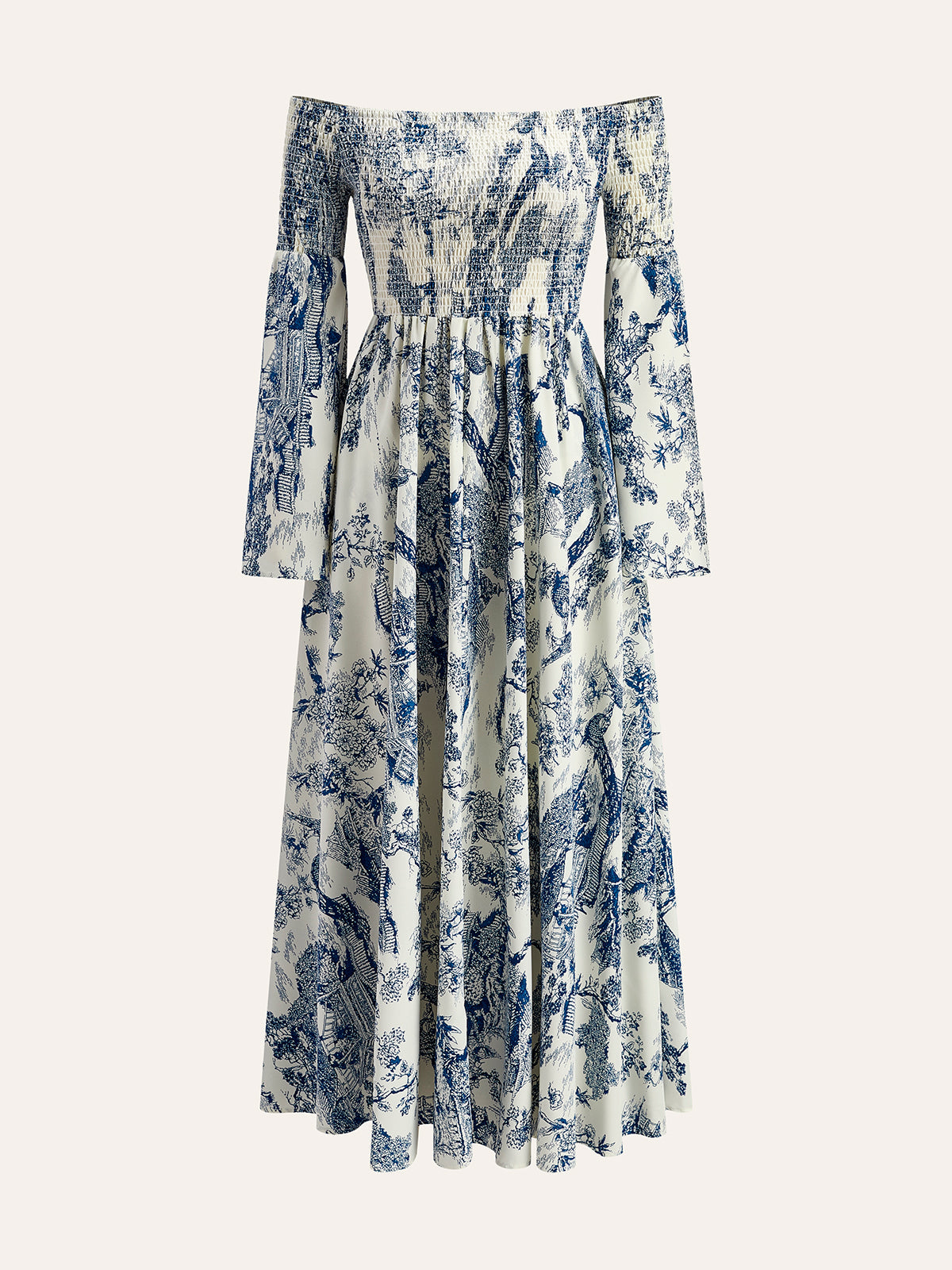 Schulterfreies Kleid mit gesmokten Ärmeln und Lumilace-Print 