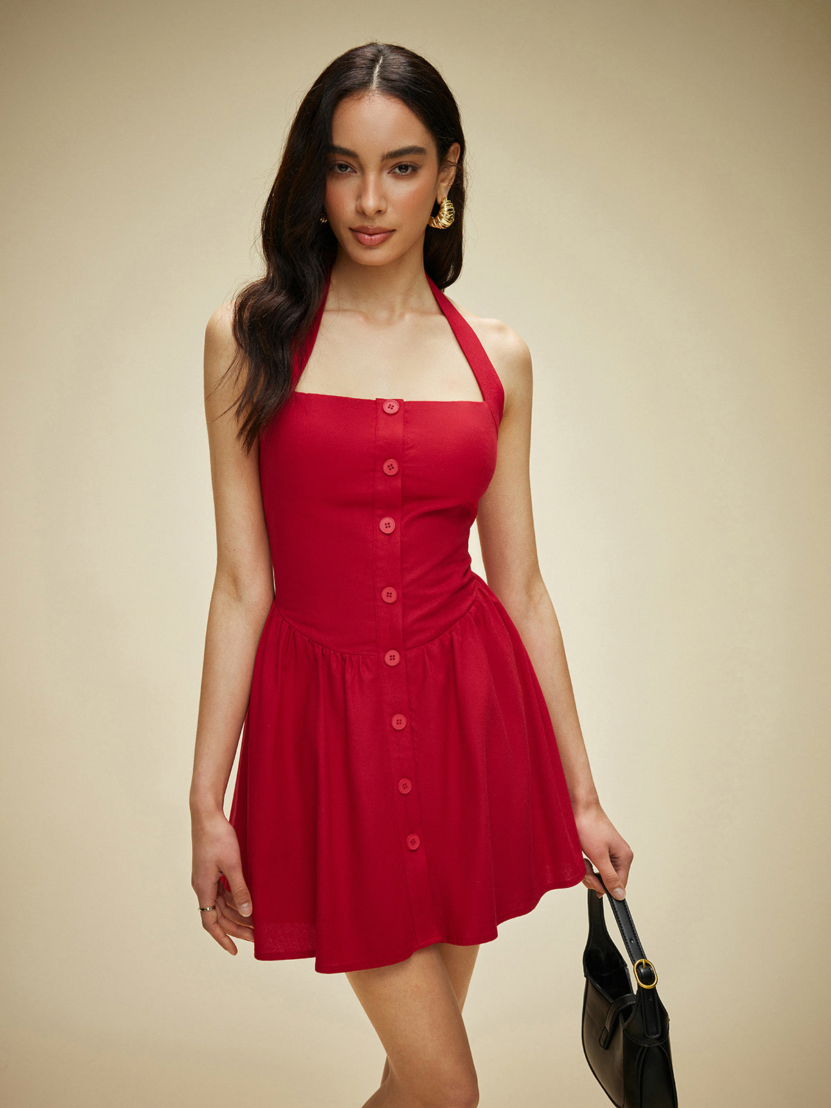 Radiweave-Kleid aus Baumwolle und Leinen mit Neckholder und Knopfleiste vorne 