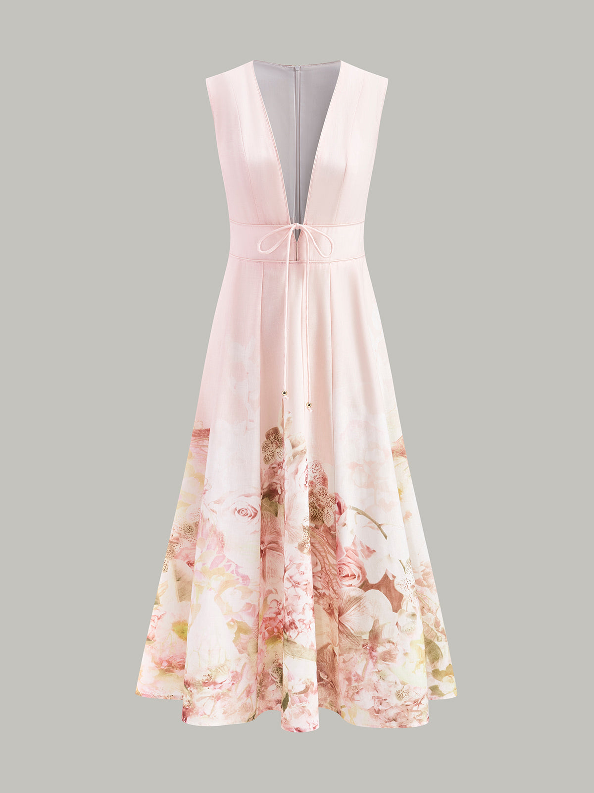 Solarbloom – Kleid mit V-Ausschnitt und Blumenmuster und Bindegürtel 