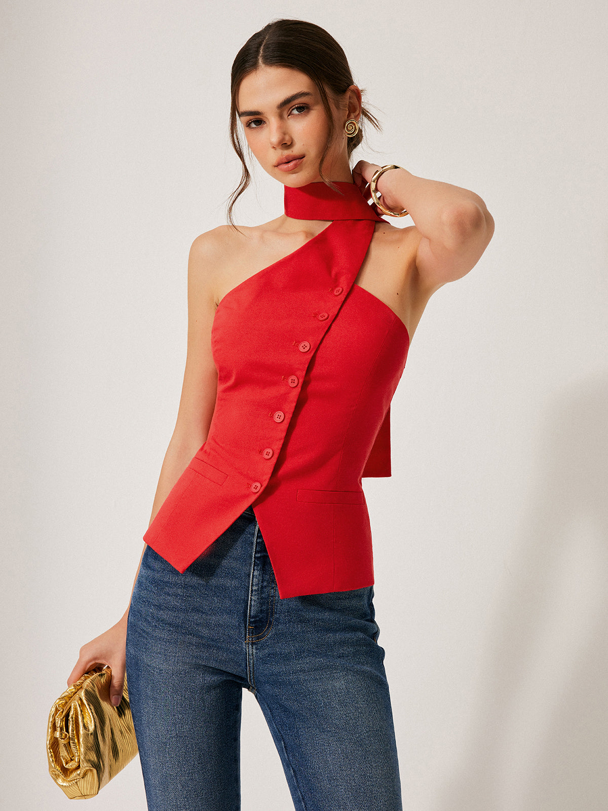 Nesira Neckholder-Top aus Baumwolle und Leinen mit dekorativen Taschen 