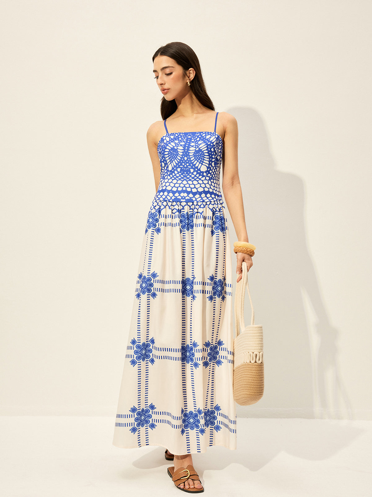 Verstellbares Kleid mit Spaghettiträgern und Reißverschluss im Iridweave-Print 