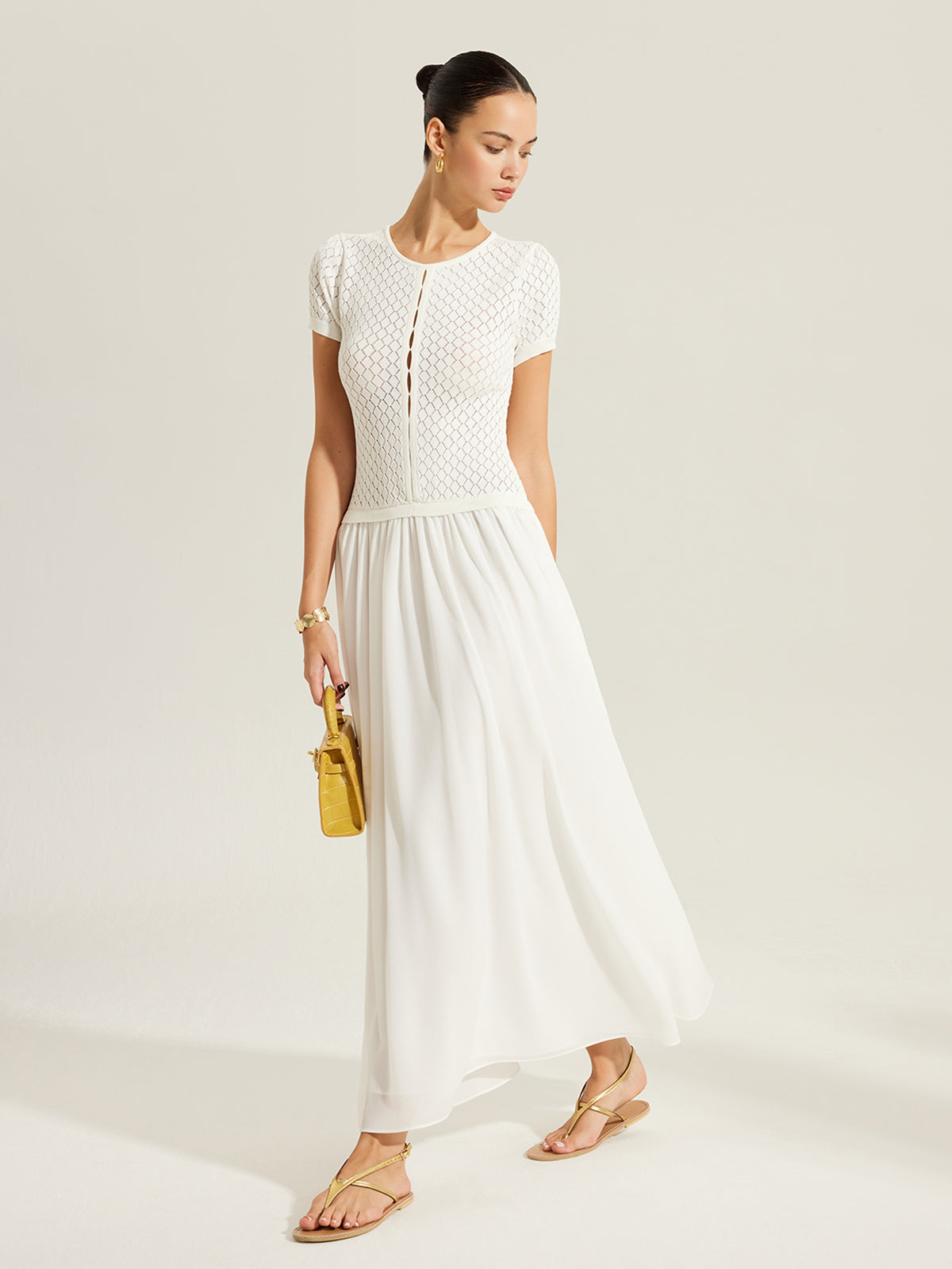 Valvys Sheer-Panel Button-Front Knit Dress