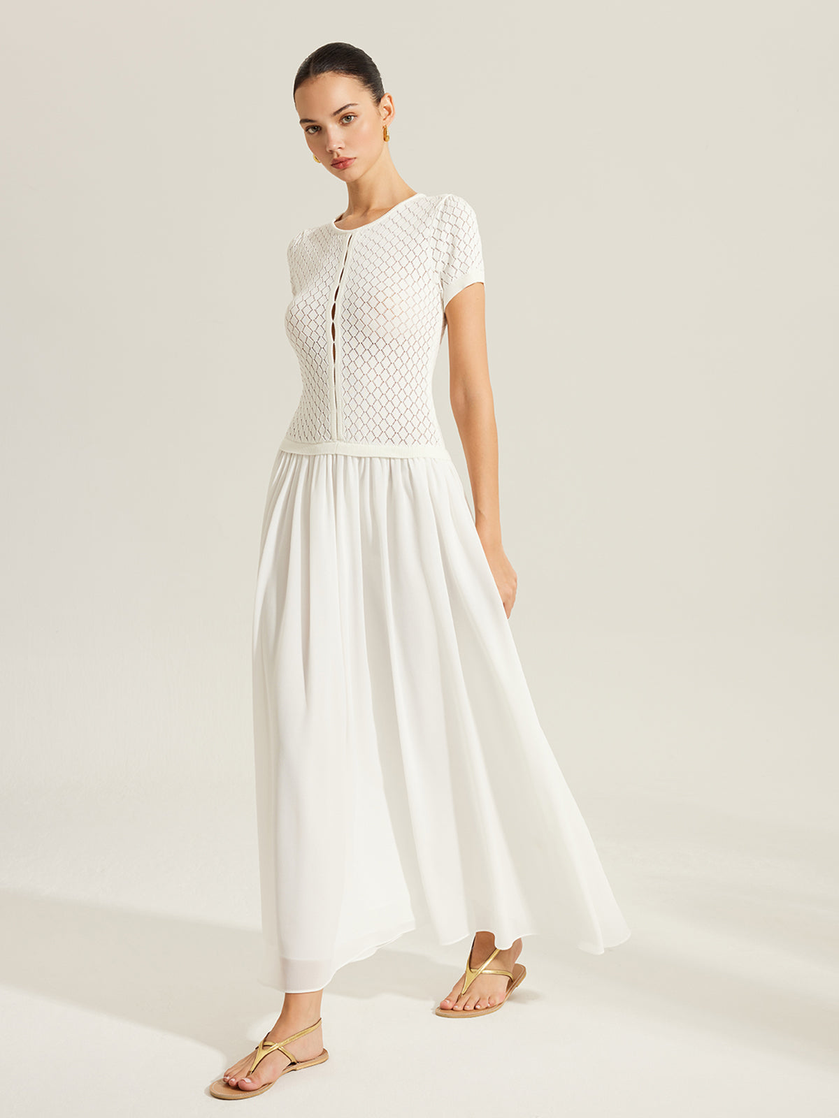 Valvys Sheer-Panel Button-Front Knit Dress