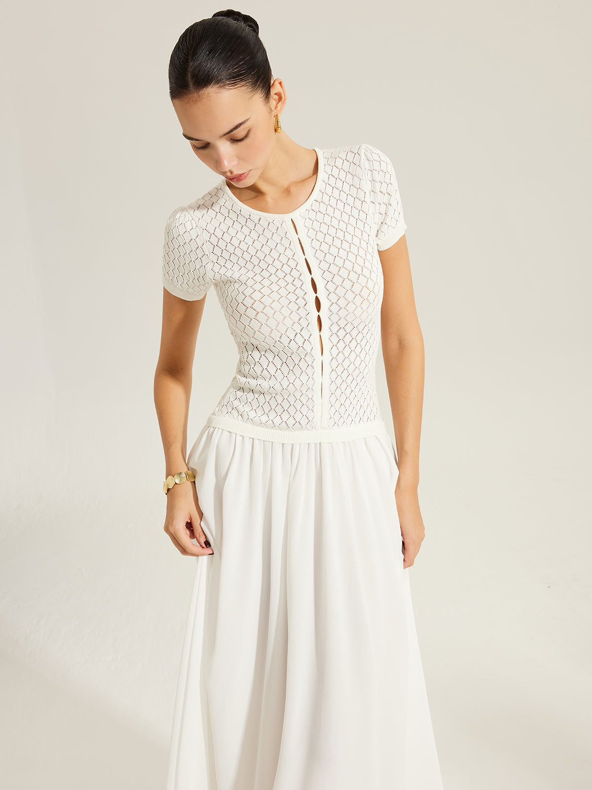 Valvys Sheer-Panel Button-Front Knit Dress