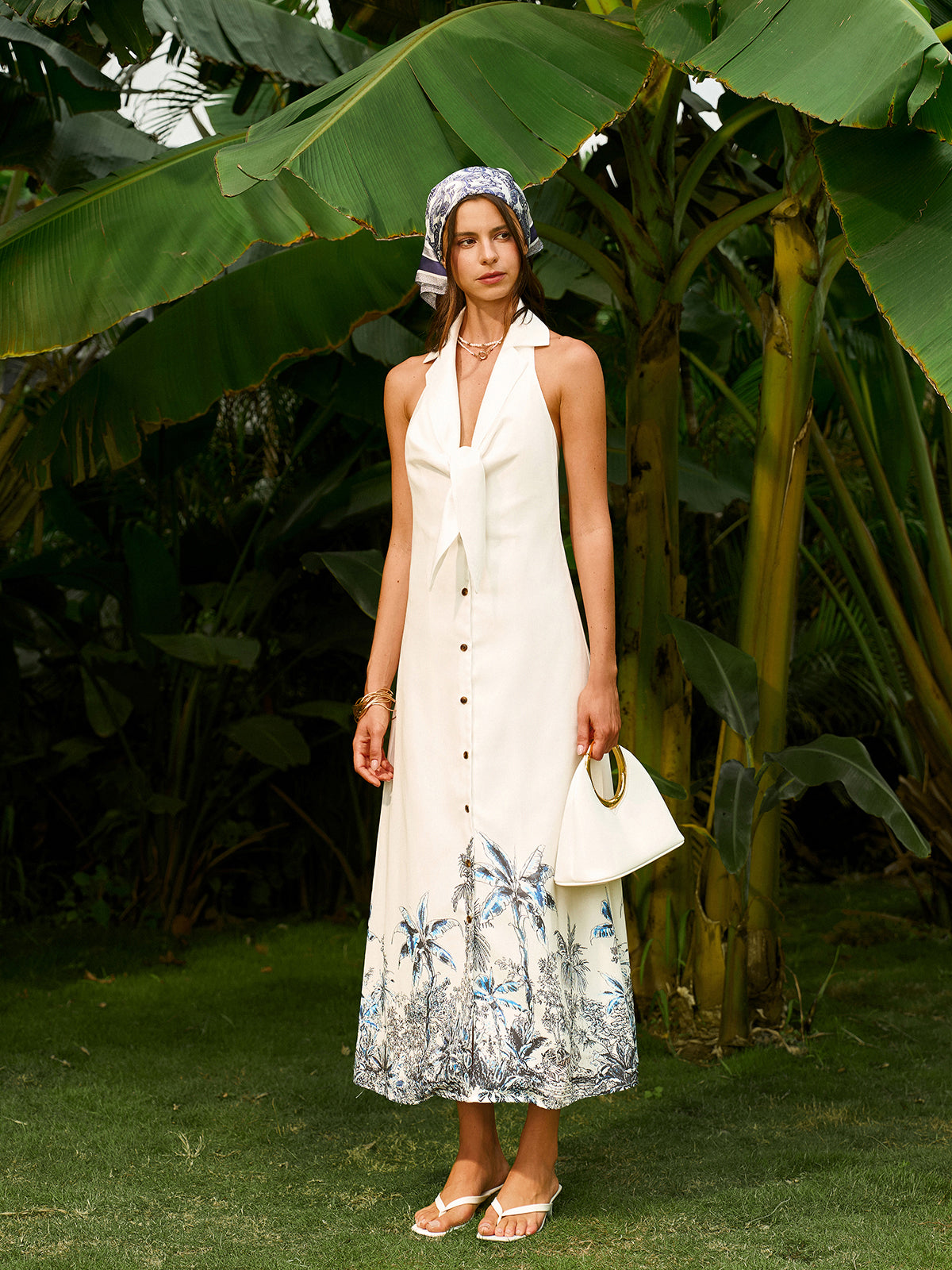 Rückenfreies Boho-Kleid aus Seidengewebe mit Bindeband vorne 