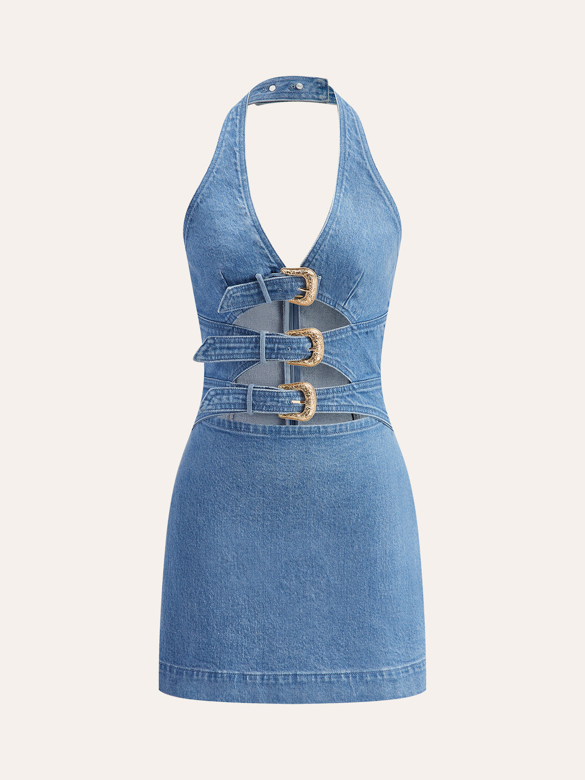 Lorys halterneckklänning med spänne och detalj i denim 