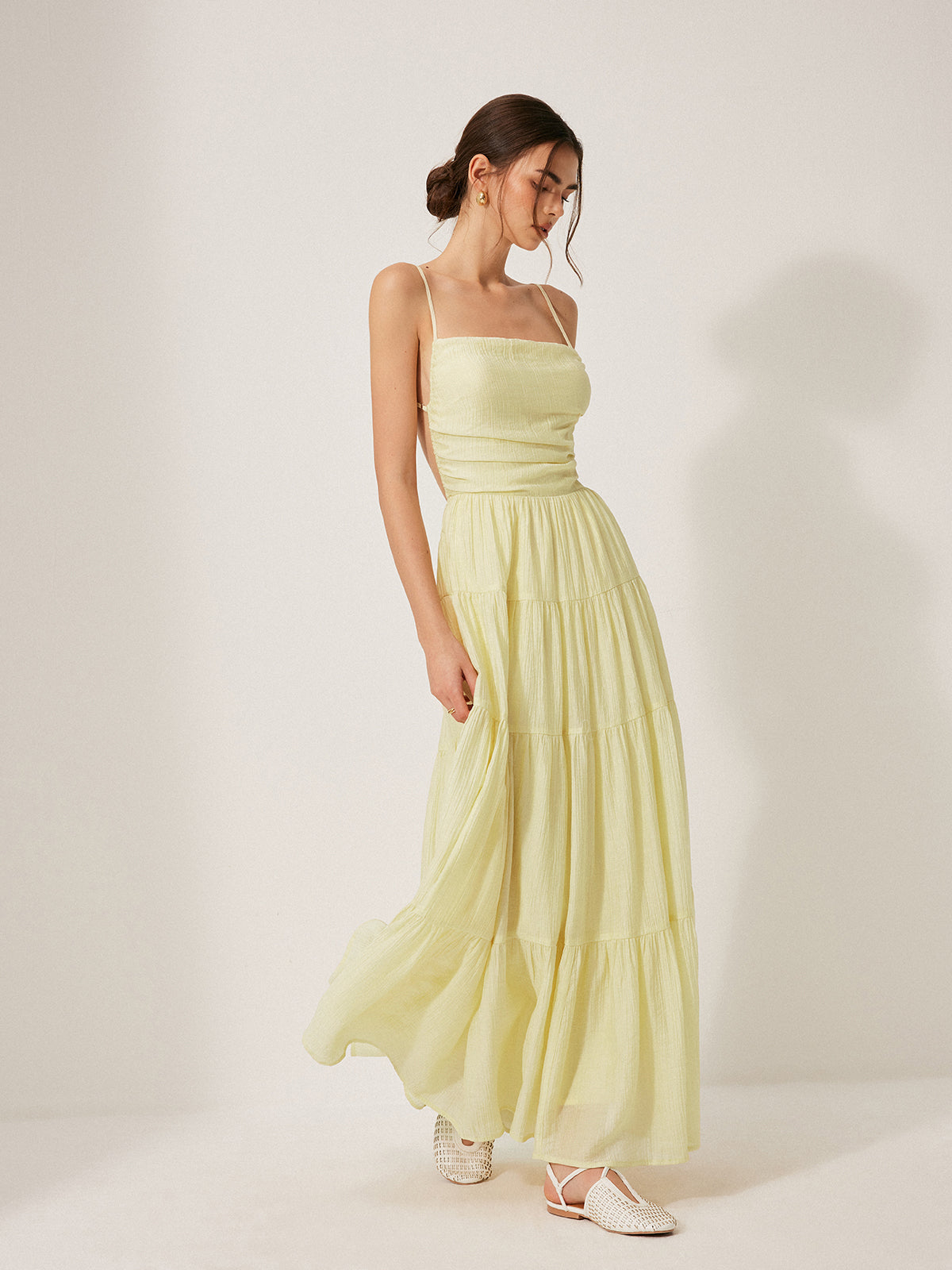 Qelian Pleated Backless Tiered Cami Dress