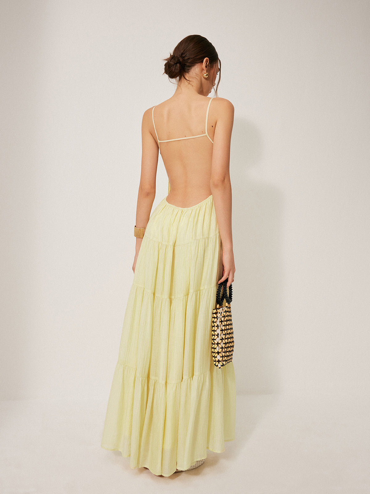 Qelian Pleated Backless Tiered Cami Dress