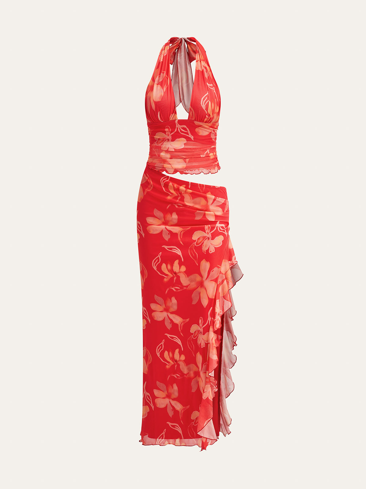 Miraclewind – Halbtransparentes Neckholderkleid mit Rüschen und Blumenmuster 