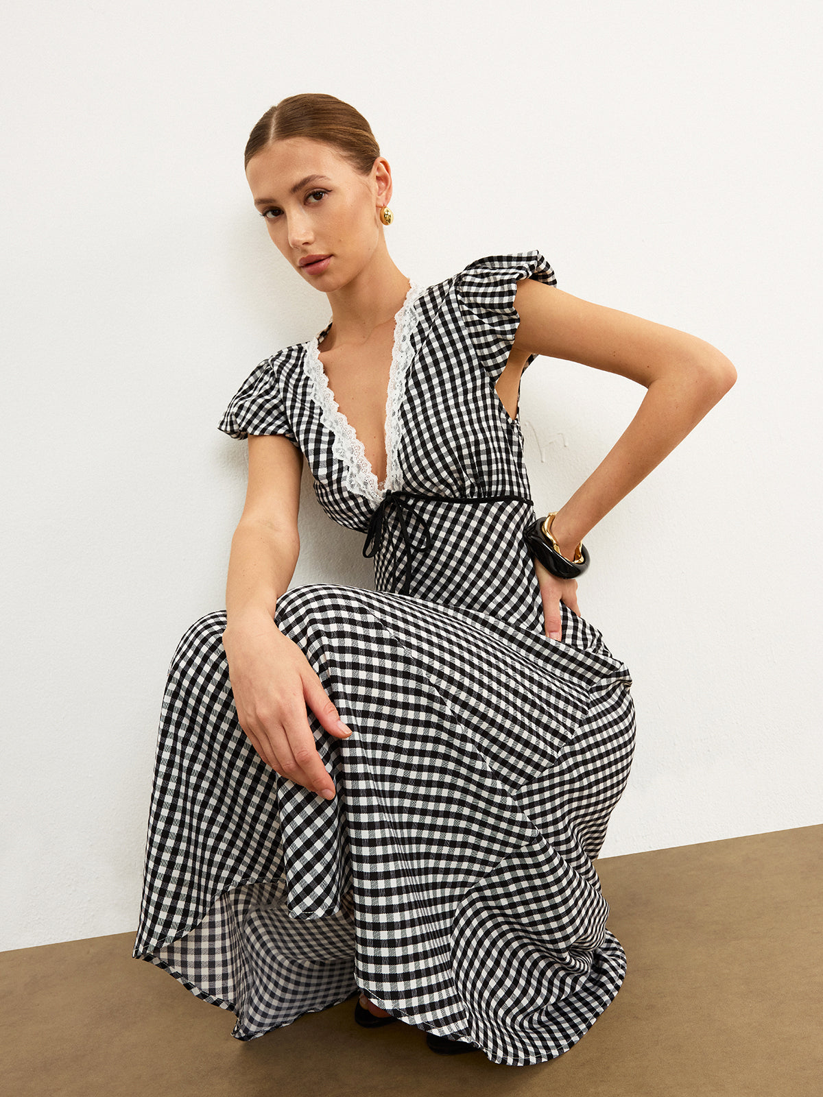 Divinara Gingham-midiklänning med spetskant 