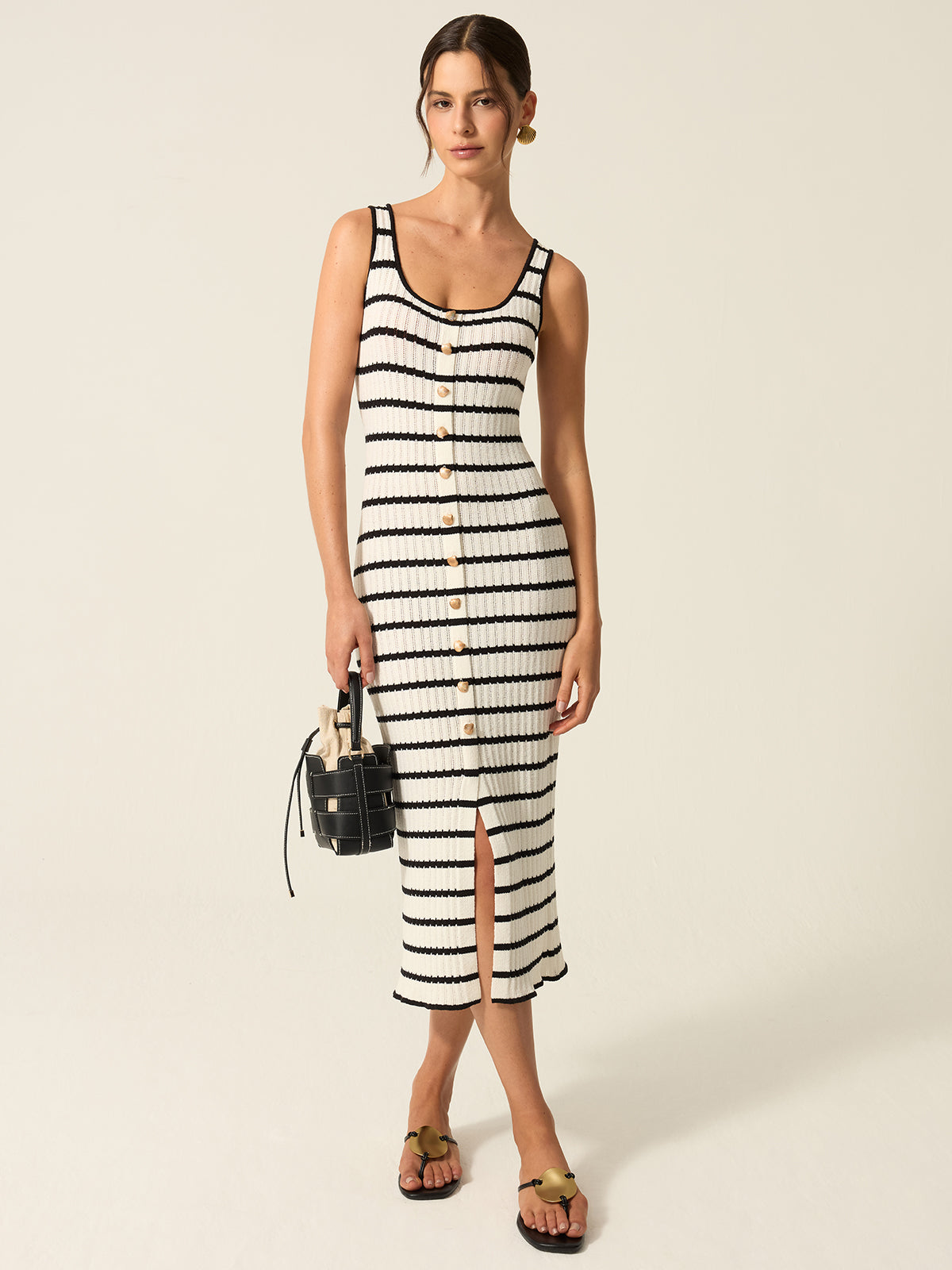 ZŽline Striped Knit Midi Dress with Front Buttons and Slit Detail