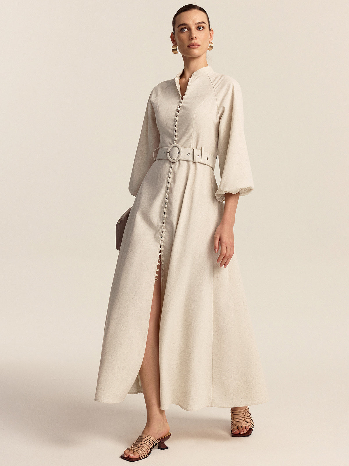 Olyne Maxikleid mit Gürtel und Knopfleiste vorne 