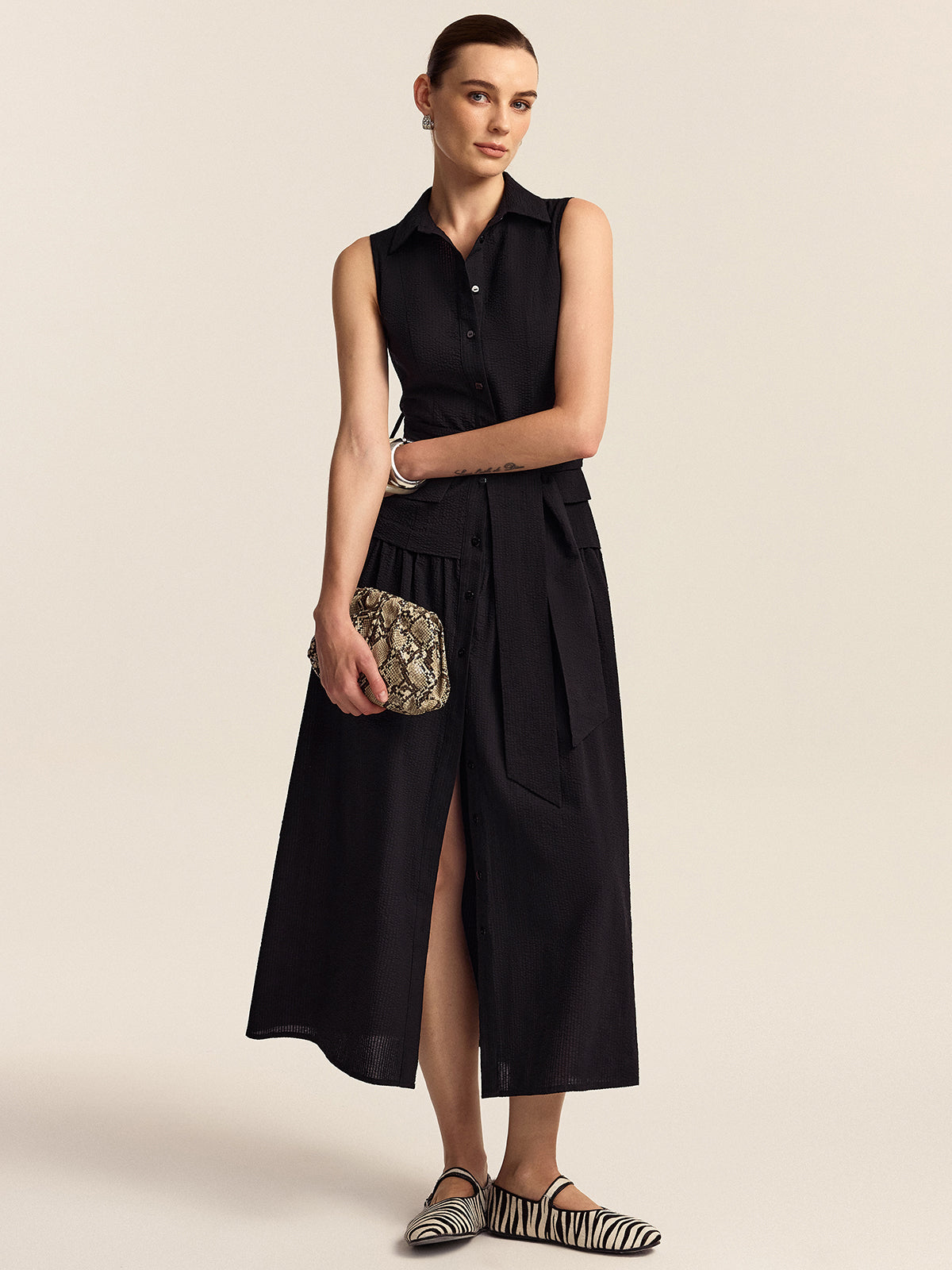 Shimmerene Button-Front Midi Dress with Belt